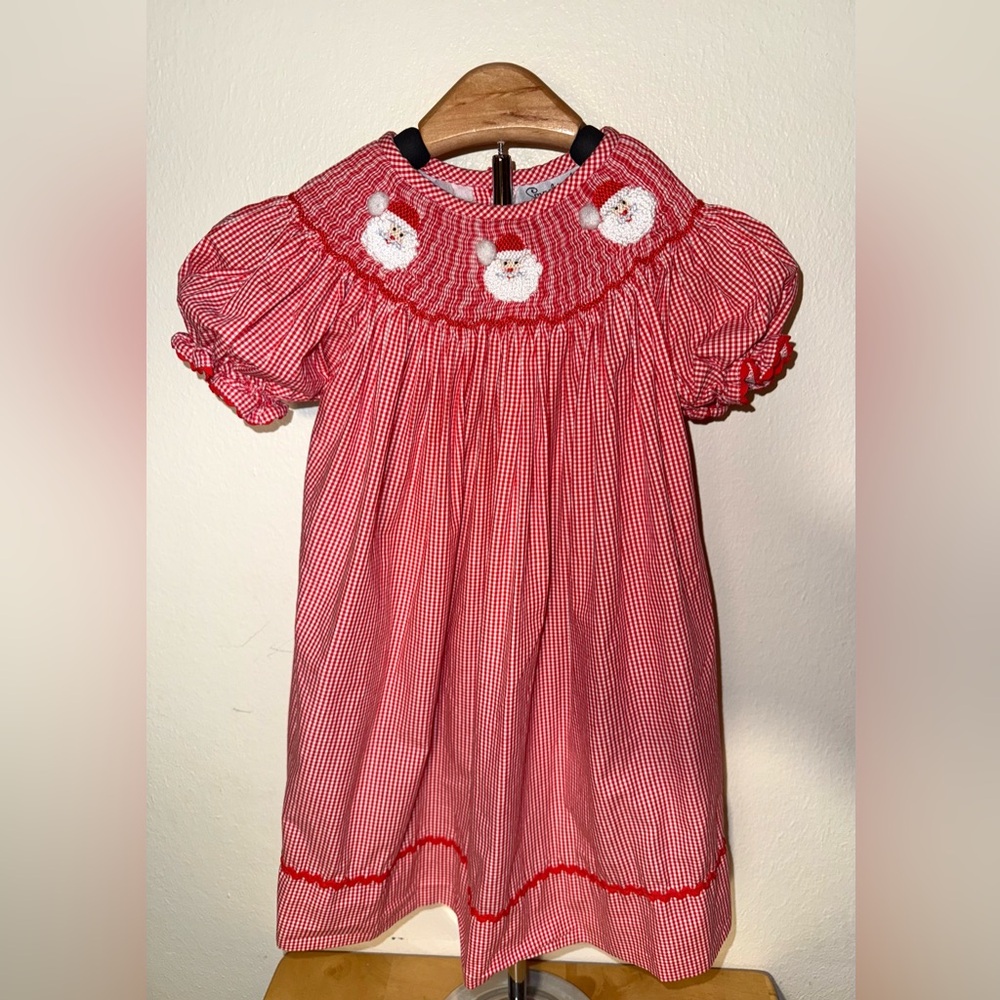 Smockingbird gingham smocked bishop dress with Santa faces, sir 24 mos - Picture 2 of 5